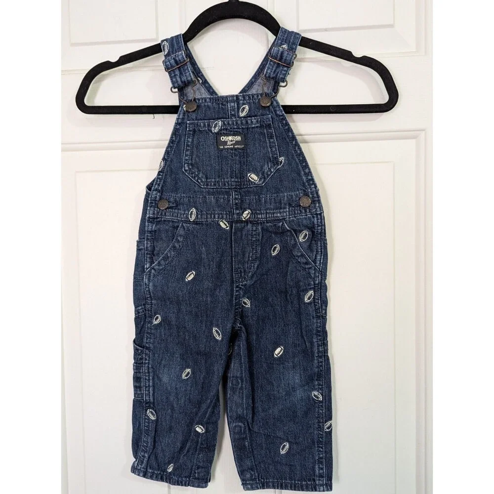 VTG OshKosh Bgosh Jean Overalls 12 Months Embroidered Footballs Blue Denim Logo